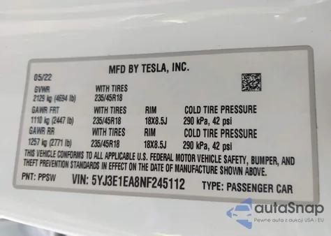 2022 Tesla Model 3 Rear-Wheel Drive из США, поврежденный, VIN 5YJ3E1EA8NF245112